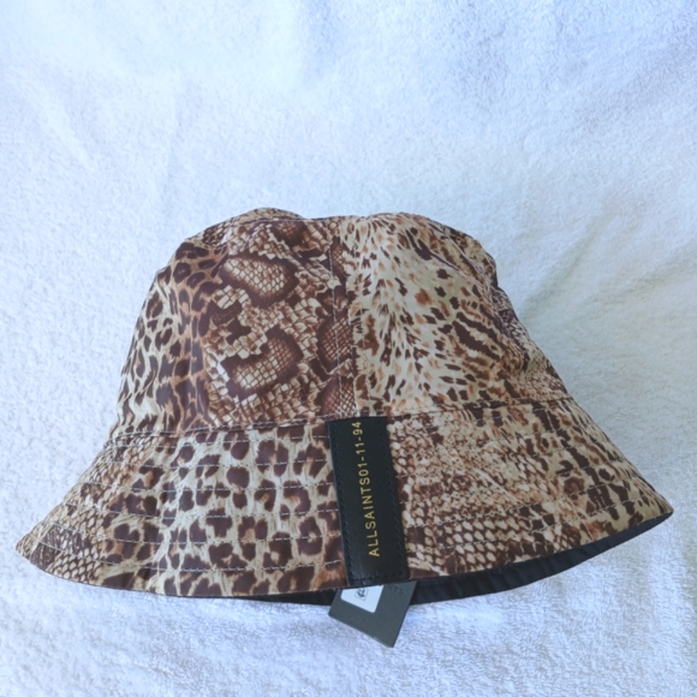 All Saints-Reversible Brown Snake Animal Brown Print & Black ,Bucket Hat
